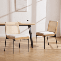 Guyou Modern Rattan Dining Chairs Set of 2 with Linen Upholstered Seats & Black Metal Legs for Kitchen, Dining Room & Living Room, Beige