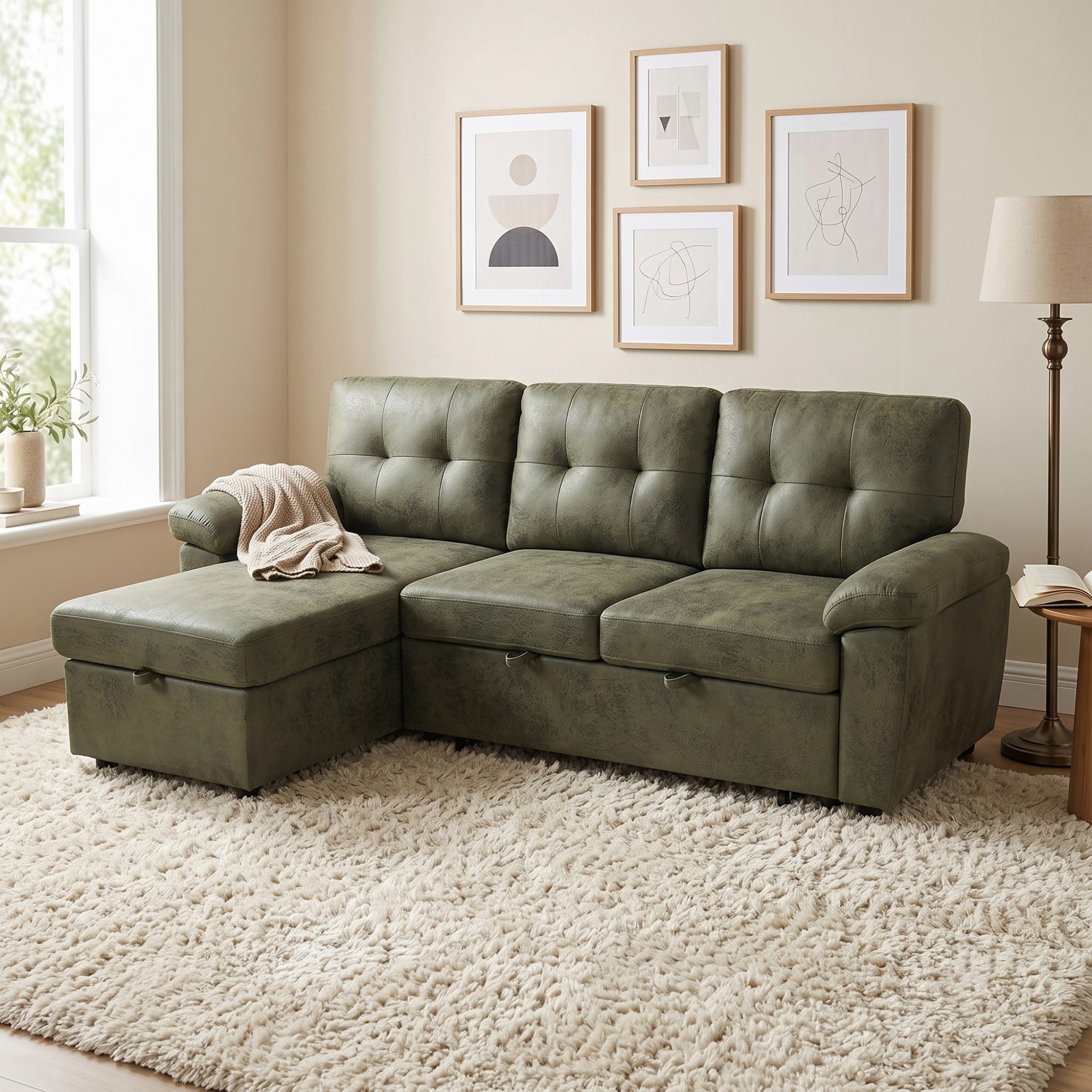 BSHTI 88.5" Polyester Fabric L-Shaped Sectional Sleeper Sofa Bed with Pull-Out Bed, Storage Chaise for Living Room( Light Brown)