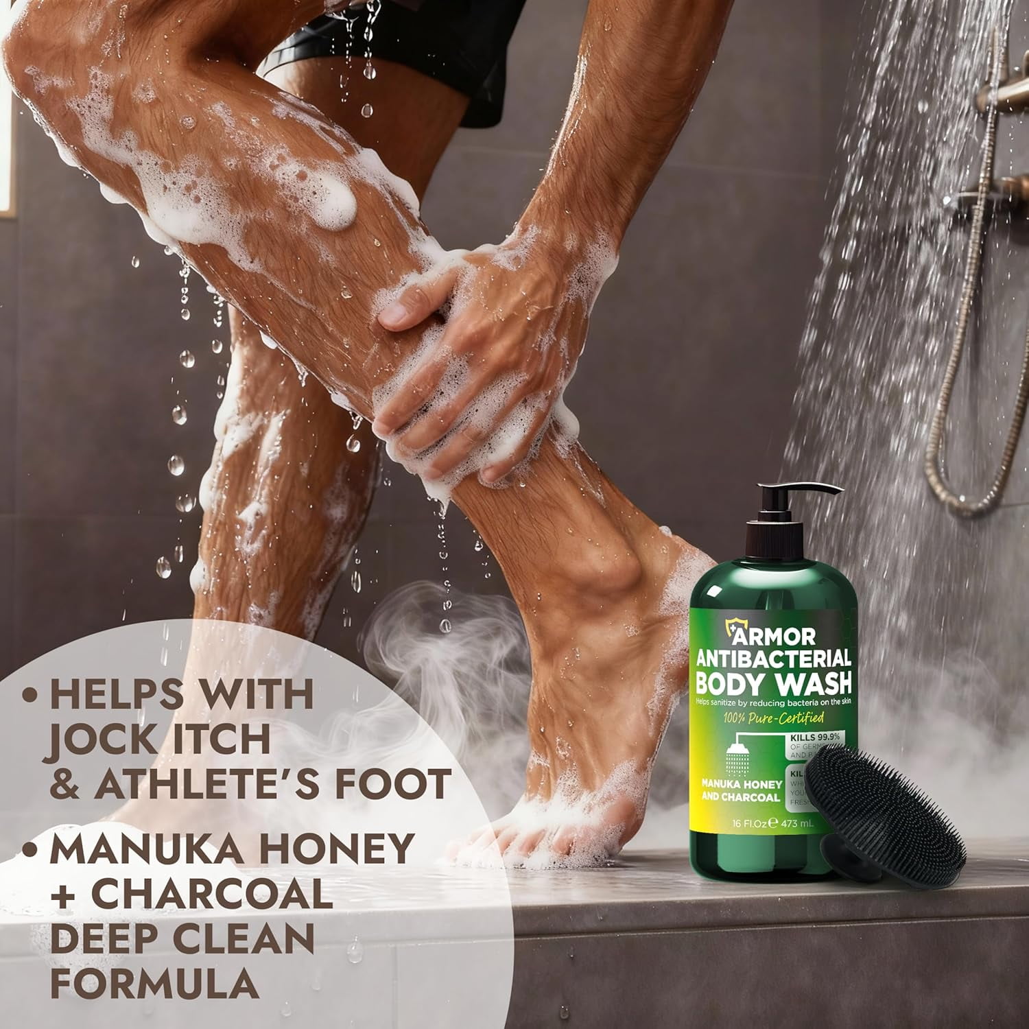 Antibacterial Body Wash | Antibacterial Soap for Men & Women | Kills 99.9% of Germs & Bacteria | Helps with Back Acne, Body Odor & Skin Irritation | Manuka Honey & Charcoal, 16 fl oz