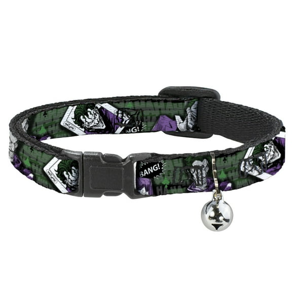 DC Comics Breakaway Cat Collar With Bell, Plastic Clip, Easy Adjustable, Joker Poses Joker Card Haha Smile Bang Gray Green Purple, 8.5 to 12 Inches 0.5 Inch Wide