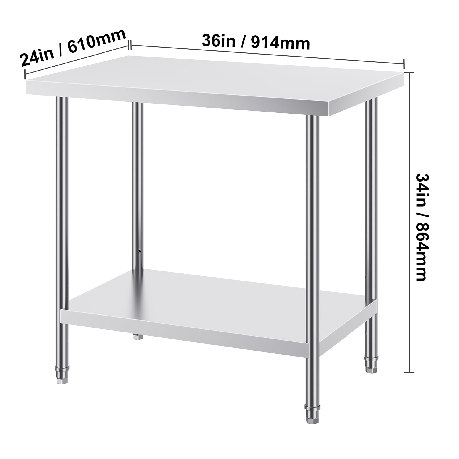 KFFKFF Metal Prep Station, 24x36x34 in, Supports Up to 750 lbs, Durable Stainless Steel Table with 3 Height Settings, Ideal for Kitchen, Garage, or Commercial Use