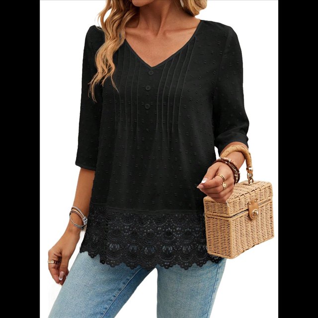 Camiseta de Verano con Cuello en V, 3/4, Estilo Retro, y con Bordado de Patchwork de Encaje Vintage para Mujer. Negro XXL