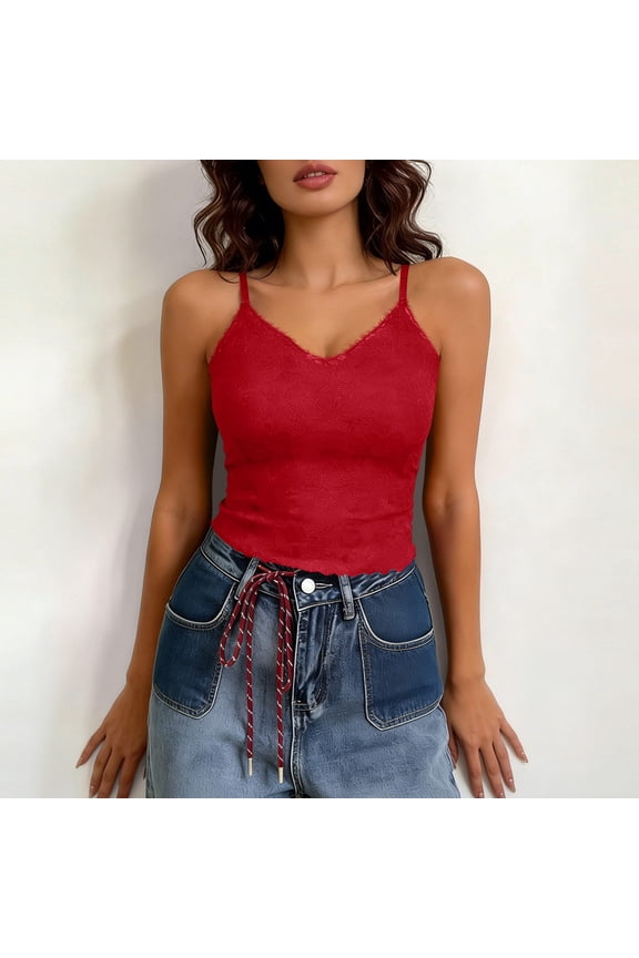 Women's Tank Tops Lace Trim V Neck Camisole, Built-in Padded Bra Spaghetti Strap Tank Tops, Solid Color Sleeveless Lace Overlay Blouse for Date Night & Casual Layering Red,L
