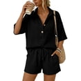 thumbnail image 2 of Shadoumai Linen Sets For Women 2 Piece 2026 Summer Casual V Neck Button Short Sleeve Beach Vacation Outfits Oversized Suits, 2 of 7