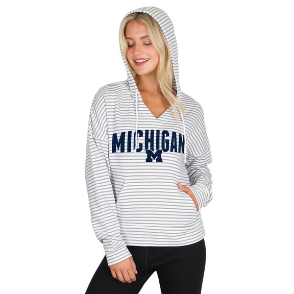 Men's Concepts Sport White/Gray Michigan Wolverines French Terry Striped V-Neck Pullover Hoodie