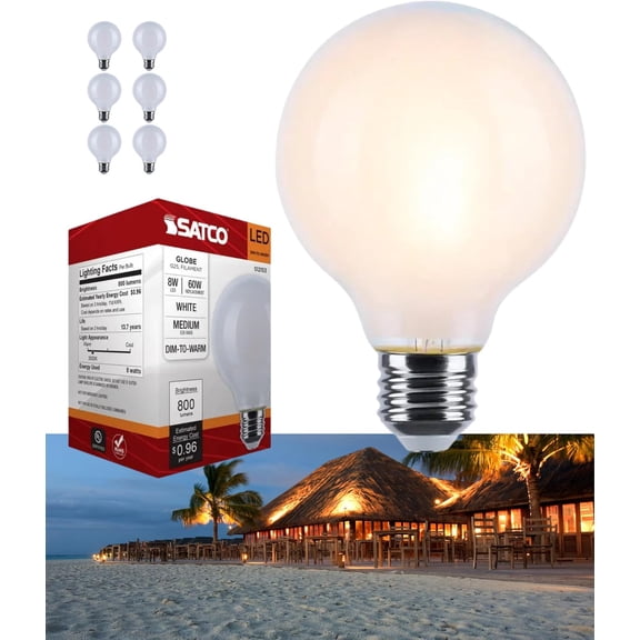 Satco S12153 LED G25 Light Bulb 8W 120V  Warm Dimming 3000K-2000K 800 Lumen White Finish E26 Medium Base (6 Pack)