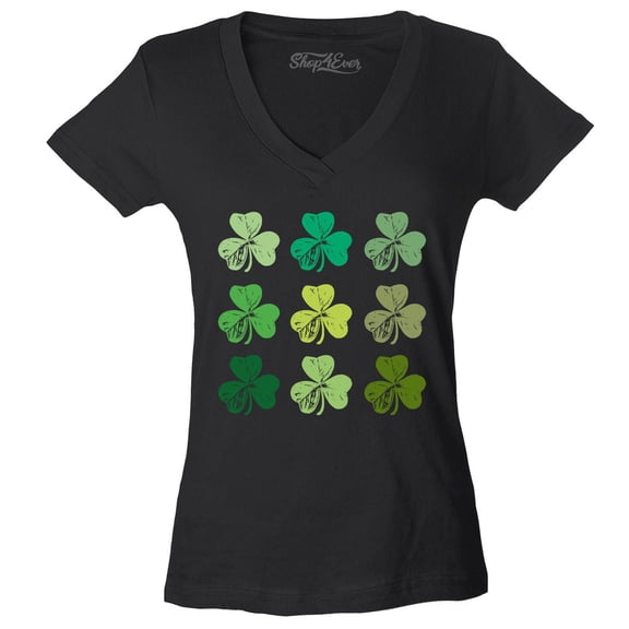 Shop4Ever Women's Shamrock Green Clovers St. Patrick's Day Slim Fit V-Neck T-Shirt XX-Large Black