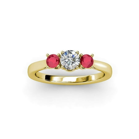 

Ruby with Center Diamond SI2-I1 G-H Three Stone Ring 1.03 ct tw in 14K Yellow Gold.size 6.0
