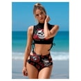 thumbnail image 2 of 2026 New Women's Skull Red Rose Print Two Piece Bikini Set - High Neck Crop Top, Cutout High Waisted Bottom - Edgy Gothic Swimwear for Beach Pool, 2 of 4