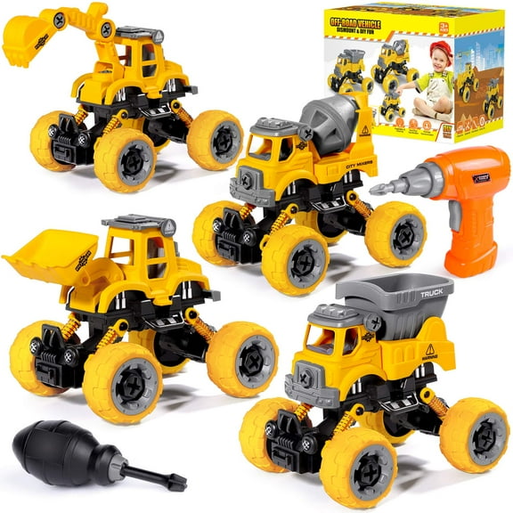 LUDILO 4PCS Take Apart Toys for 4 Year Boys Construction Toys with Electric Drill DIY Assembly Building Stem Toys Trucks Gifts for 3 4 5 6 7 8 Year Boys Girls Kids Learning Educational Toys C80