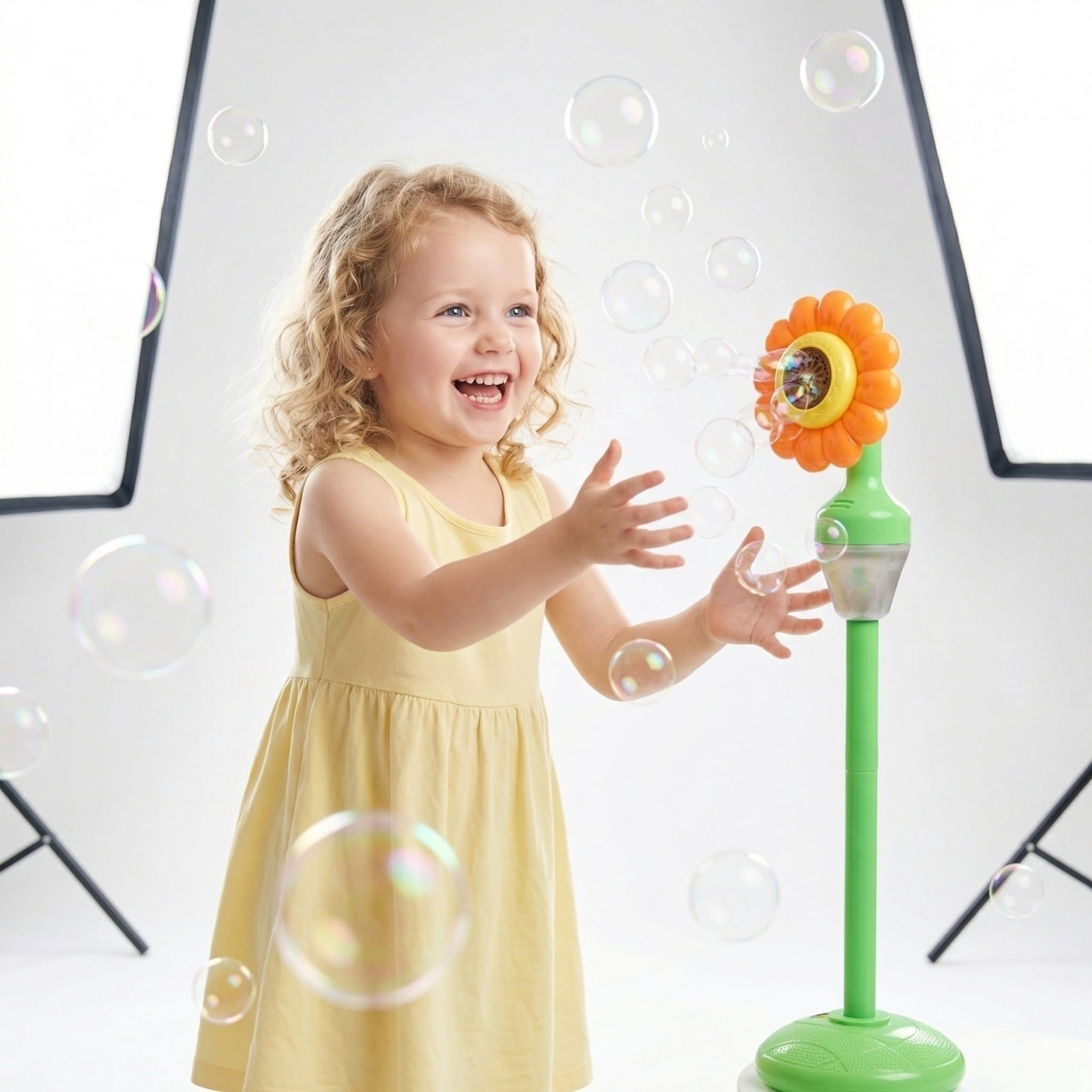 Automatic Bubble Machine, 2026 New Standing Bubble Blower with Lights & Music, Adjustable Height Bubble Maker, Bubble Machine for Parties Birthday Wedding Outdoor (Yellow Sunflowers)