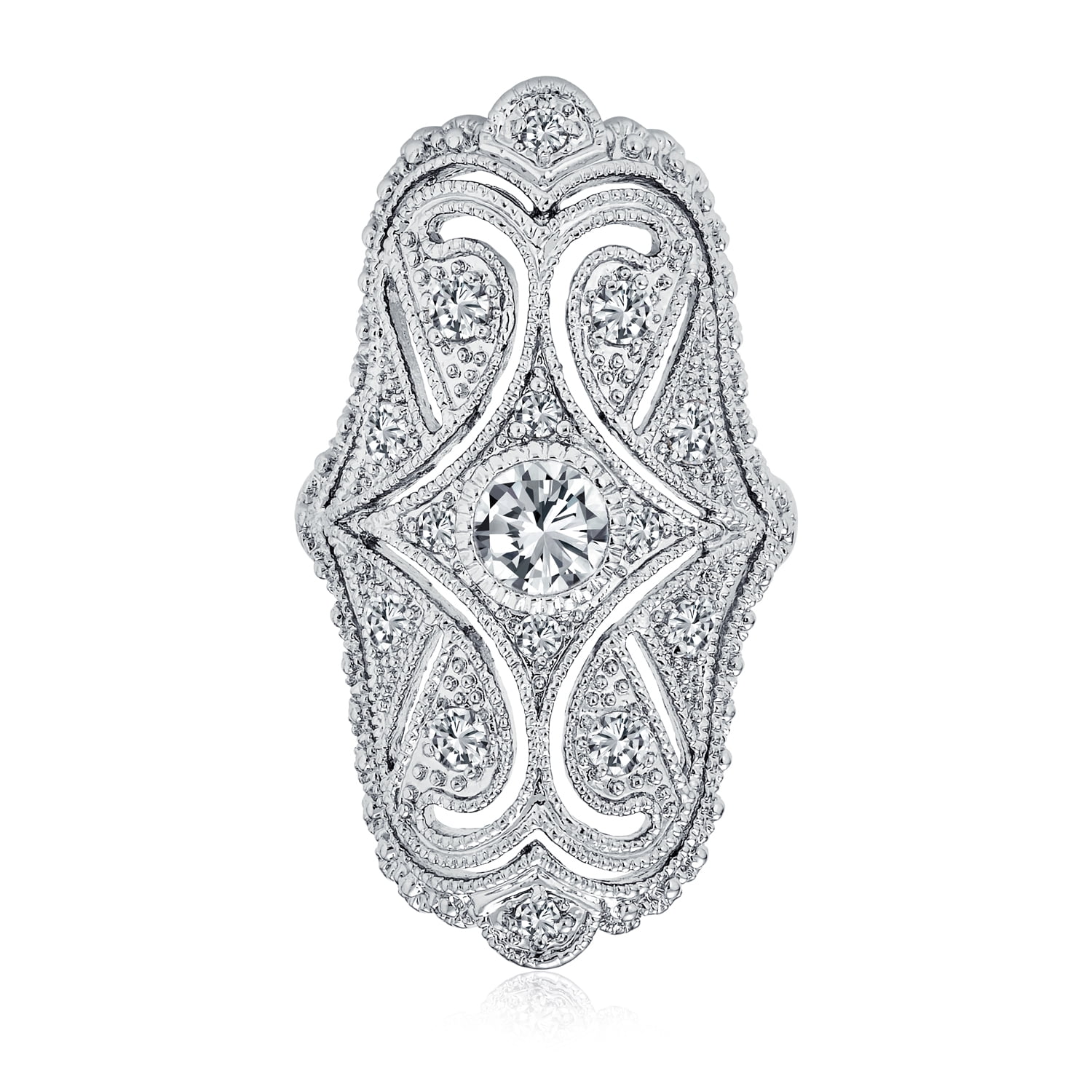 Bling Jewelry Womens Art Deco Antique Style CZ Wide Armor Full Finger Statement Ring Rhodium