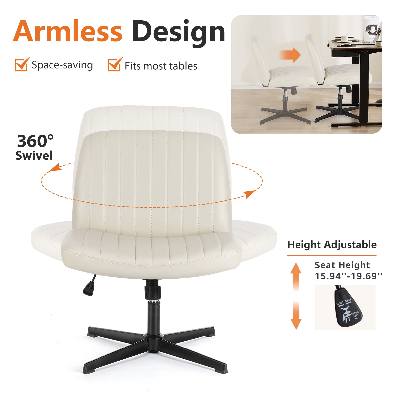 MCQ  Criss Cross Chair Legged Office Wide Comfy Desk Leather Seat, Armless Computer  Seating, Height Adjustable, for Family Bedroom, Biege