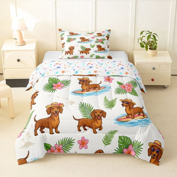 Homewish Surfing Dachshund Print Twin Comforter Sets,Pink Hibiscus Flowers Bedding Set,Dog Decor,Colorful Stars Reversible,2-Piece,1 Comforter and 1 Pillowcase