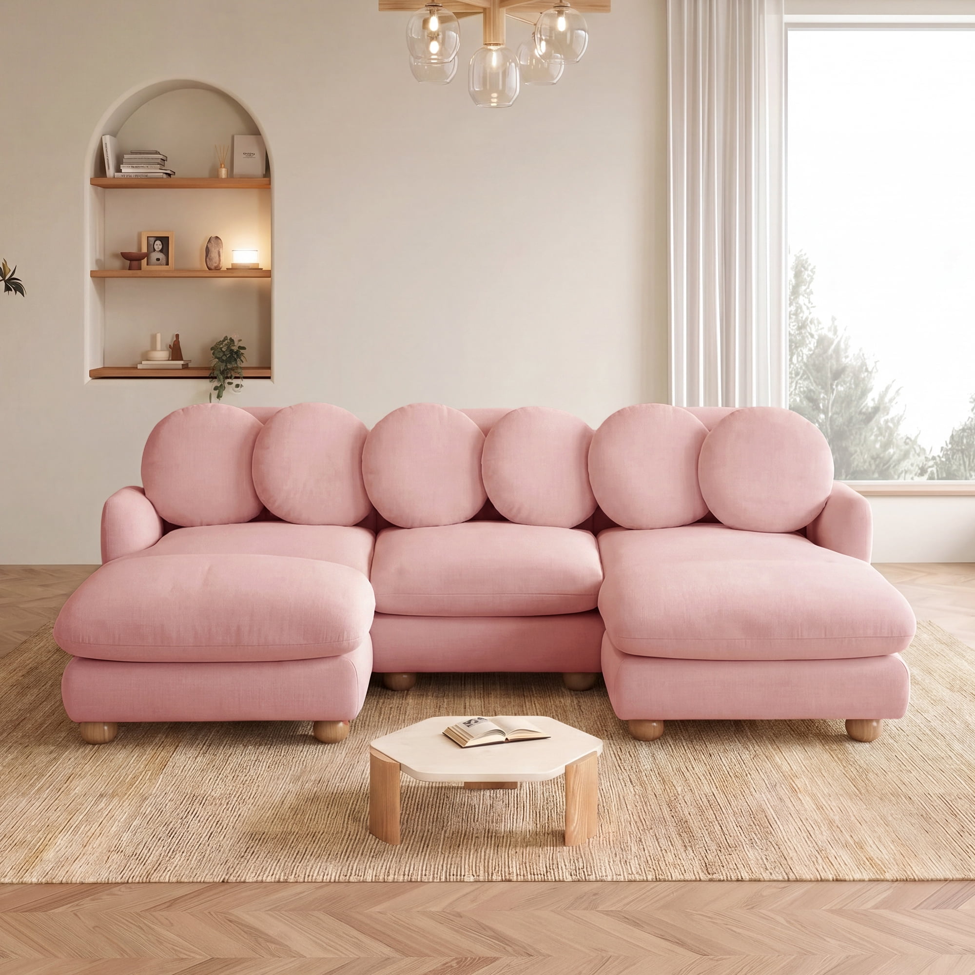 95" U-shaped 5 Seater Chenille Modular Sectional Sofa Couch with 6 Throw Pillows and 2 Ottoman
