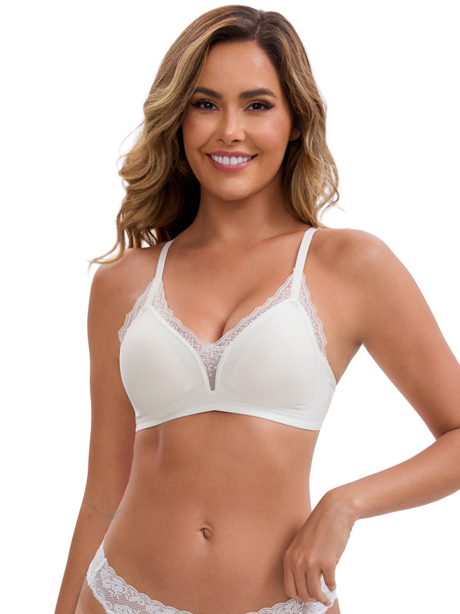 DARING DIVA Lace Trim Plunge Wireless Push Up Bra S White