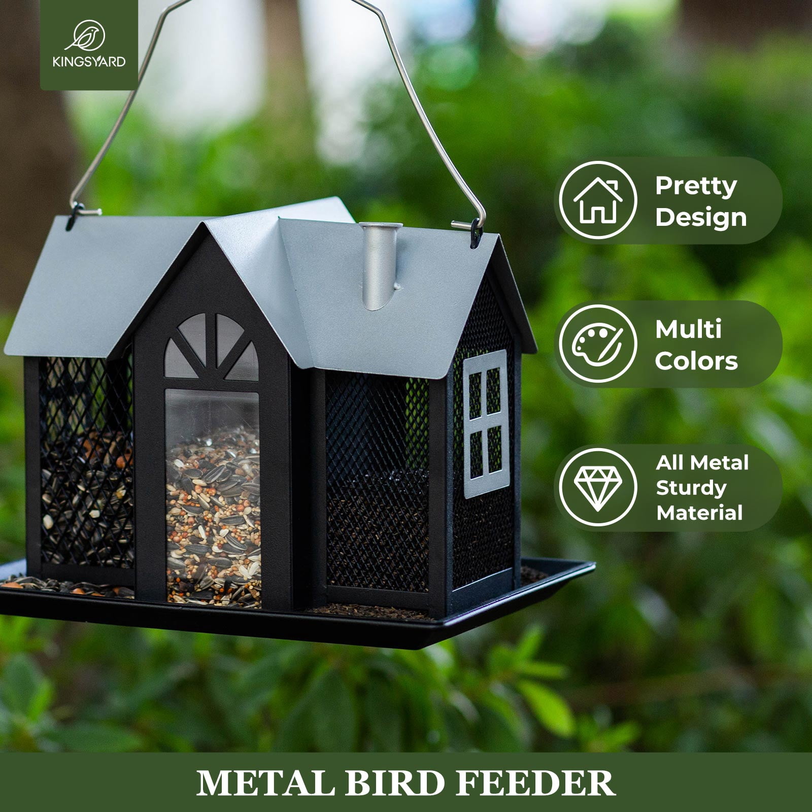 Kingsyard Weatherproof Metal Bird Feeder House, Triple Feeders for Outside Finch Cardinal, Black