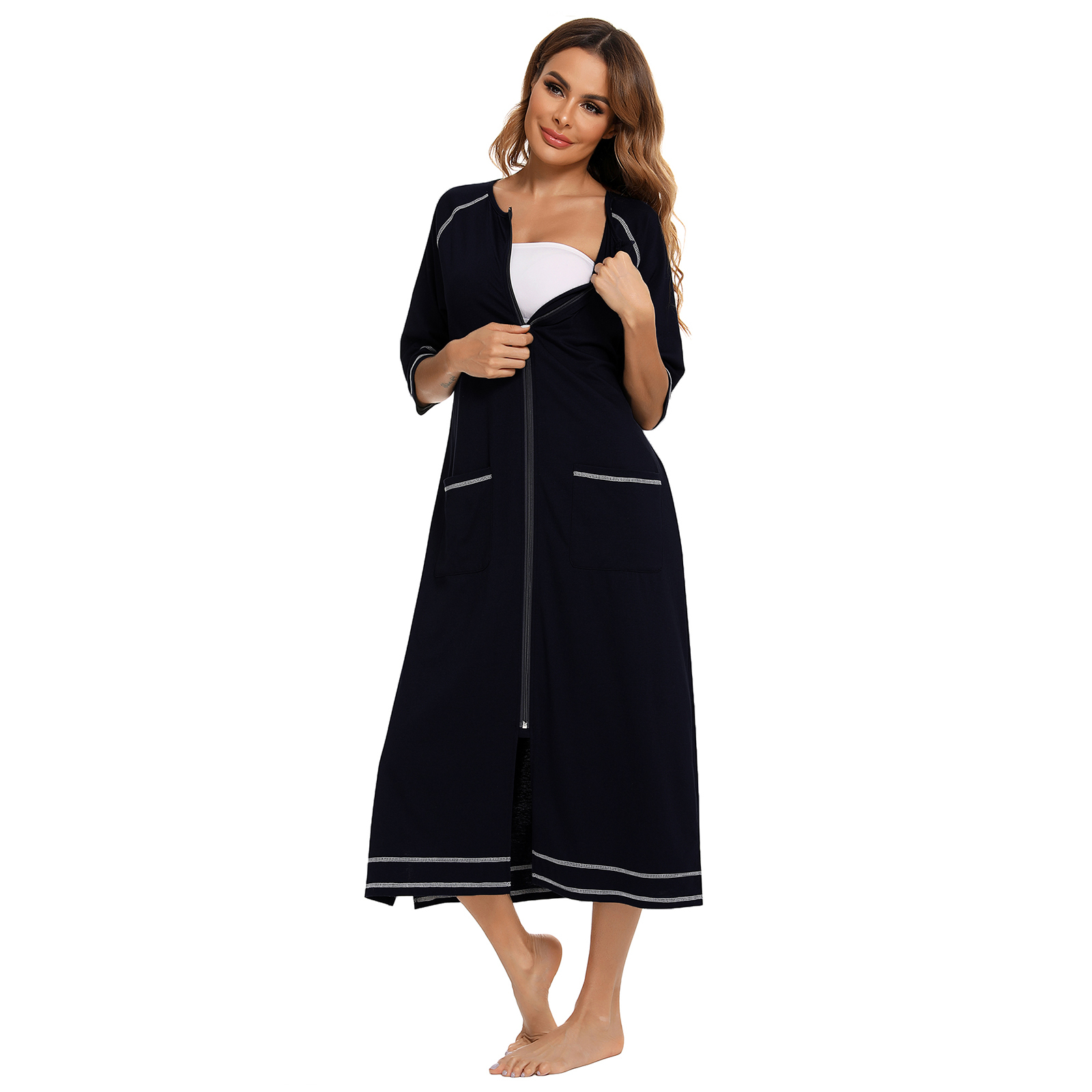 LOFIR Women Zipper Front Robes 3/4 Sleeve Loungewear Pockets Nightgown Loose-Fitting Ladies Long Sleepwear(Black,M) - image 2 of 5