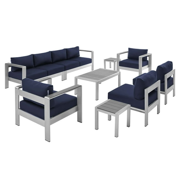 Lounge Sectional Sofa Chair Table Set, Sunbrella, Fabric, Aluminum, Metal, Silver Blue Navy, Modern Contemporary Urban Design, Outdoor Patio Balcony Cafe Bistro Garden Furniture Hotel Hospitality