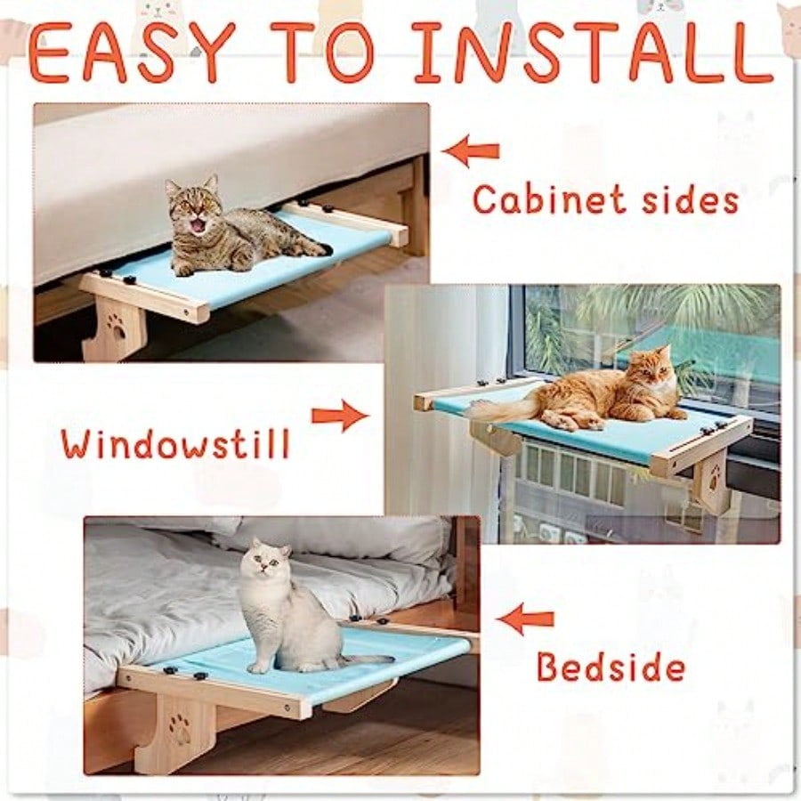 2 Set Cat Window Sill Perch Adjustable Wood Small Cat Window Hammock Window Seat Cat Bed Windowsill Cat Shelf Indoor Kitty Cat Window Ledge Seat For Bedside Cabinet Heavy Duty 33 Lbs Blue