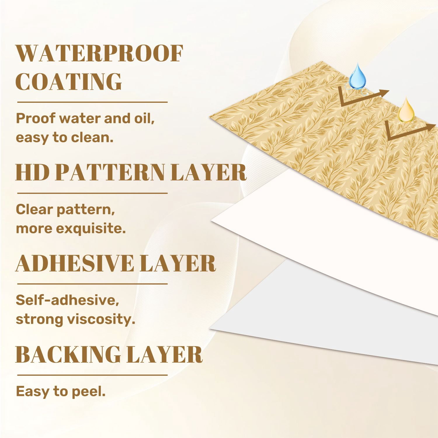 Peel and Stick Wallpaper Vintage Golden Leaf Cream Wall Mural 23.6in x 9.8ft Self Adhesive Removable Wall Paper Renter Friendly Wallpaper for Bedroom Studio Lake House