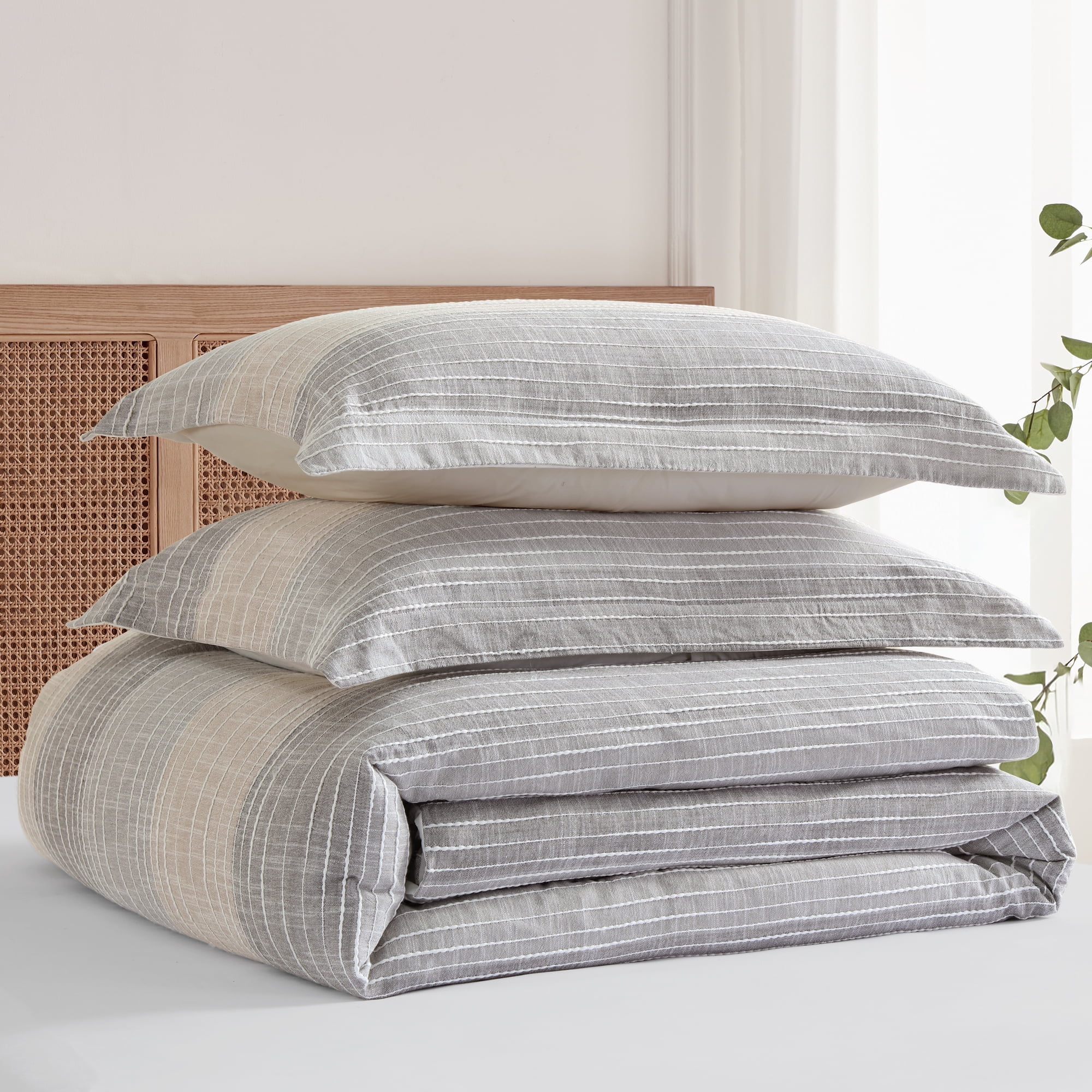 Levtex Home - Sand Stripes Natural Duvet Cover Set - King Duvet Cover (106 x 94in.) + Two King Pillow Cases (36 x 20in.) - Jaquard Stripe - Tan, Chambray, Blue, White - Cotton