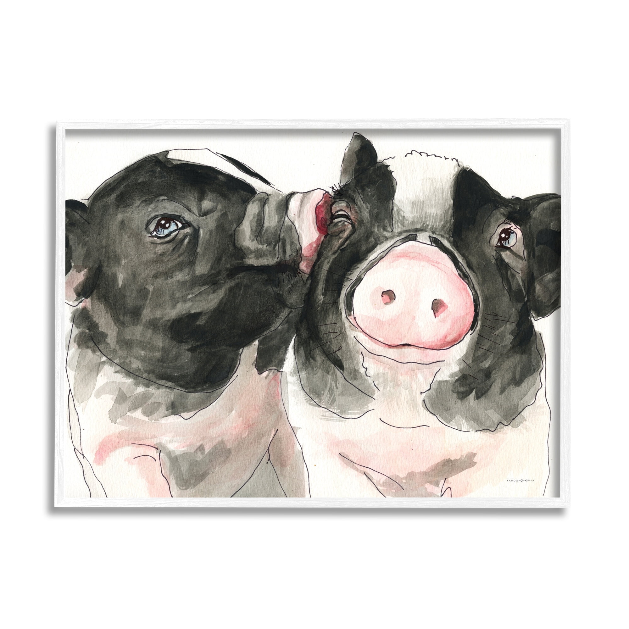 Stupell Industries Two Pigs Pink Snout Kiss Adorable Farm Animals Painting White Framed Art Print Wall Art, Design by Kamdon Kreations