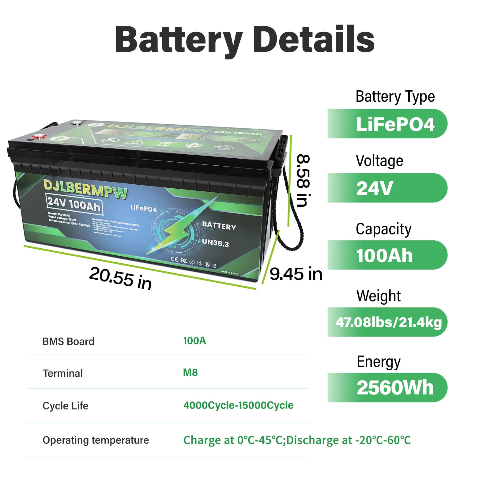 DJLBERMPW 24V 100Ah LiFePO4 Lithium Battery, 4000-15000 Deep Cycle Battery 100A BMS for RV, Solar System, Marine, Boat, Trolling Motor