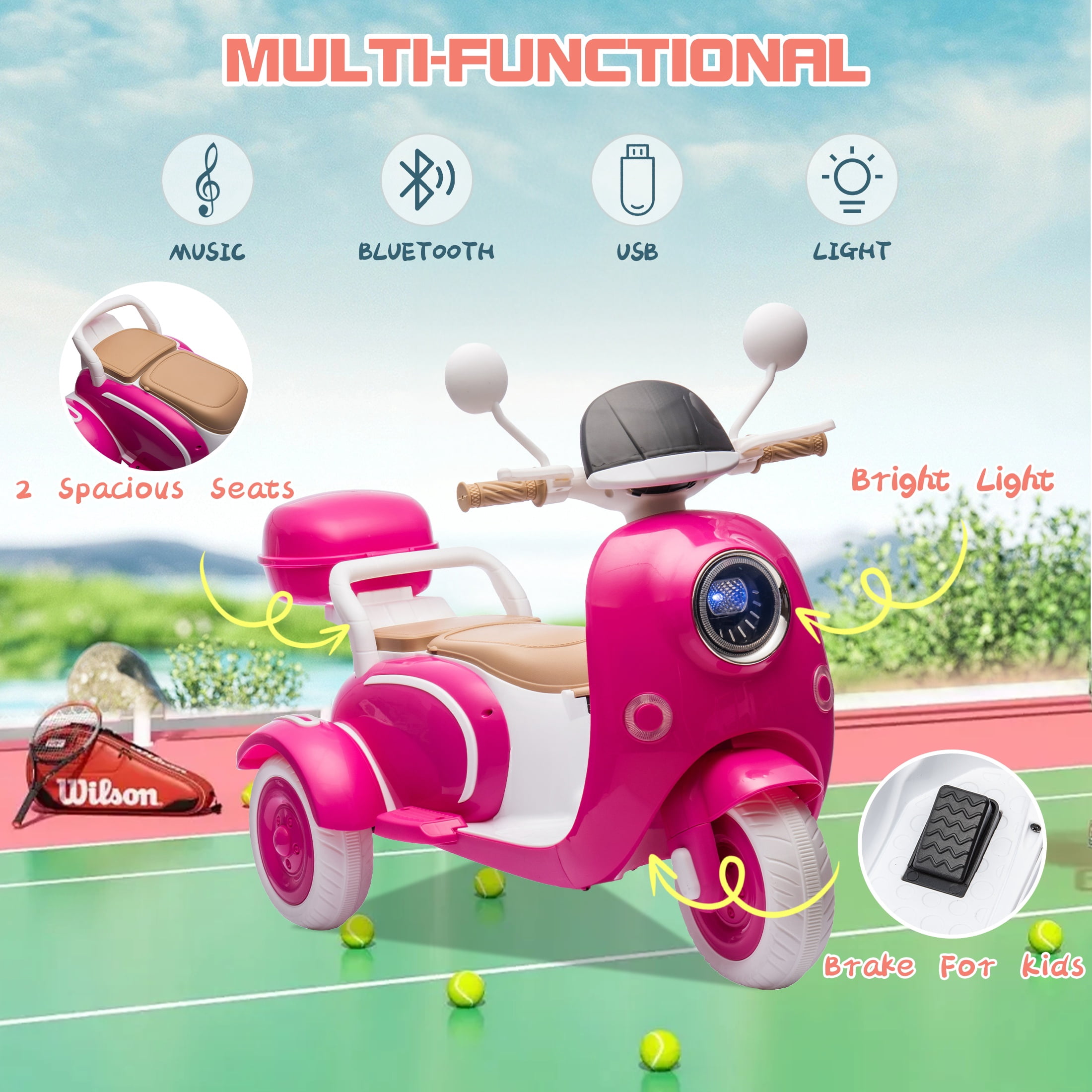 Dvsripa 12V Electric Kids Motorcycle,2 Seater Ride on 3 Wheel Scooter,Multi-function player,USB,Bluetooth,light,Backseat flip adult seat,Oversized Storage Box for kids Aged 3-6,Rose Red