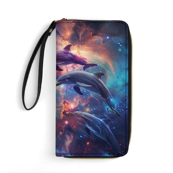 Womens Wallet Bifold Ladies Cluth Bag Wristlet Wrist Strap Long Purse Dolphins in Space Design