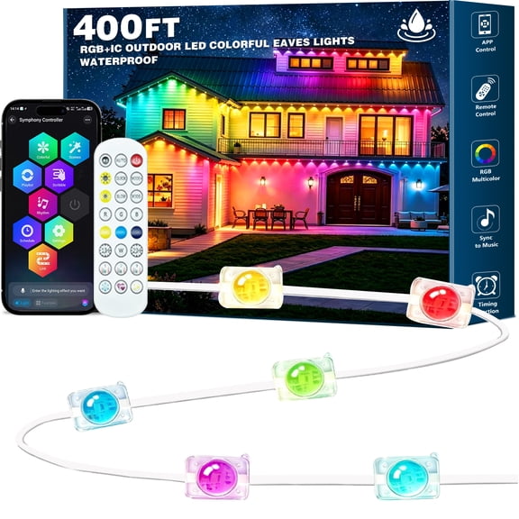 400FT RGB IC Permanent Outdoor Eaves Lights, Individual Control Square LED House Eave Lights, IP67 Waterproof Smart Color Changing Outdoor Lights with Music Sync, Timer & APP Control, Year-Round Deco