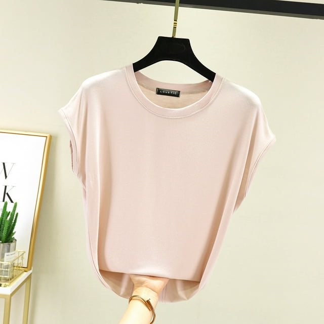 Hauts Sans Manches pour Femmes Été Modal Col Rond T-Shirt Couleur Unie Ample Décontracté T-shirts Grande Taille Mode Urbaine FJH