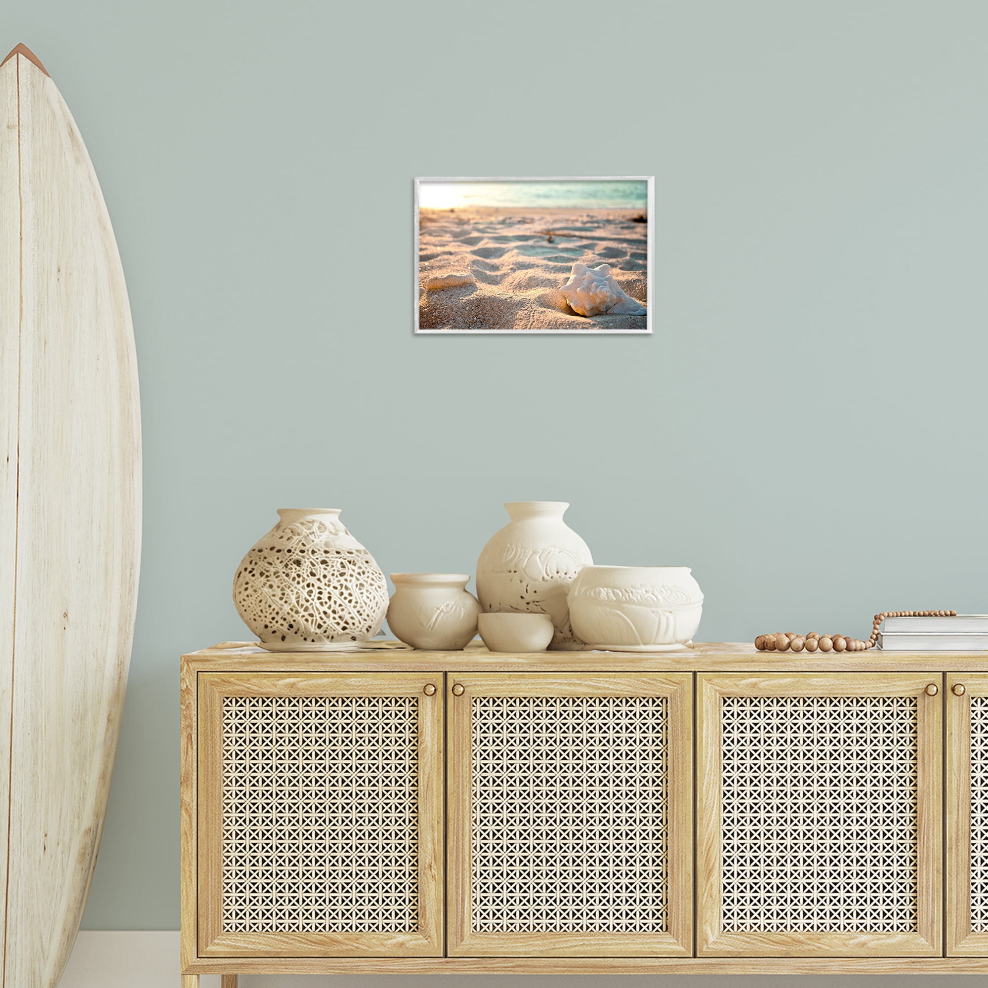 Stupell Industries Conch Shell in Sand Coastal Photography White Framed Art Print Wall Art, 18 x 12
