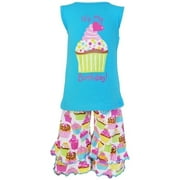AnnLoren Little Girls Blue Pink Birthday Cupcake Ruffle Pant Outfit 4/5