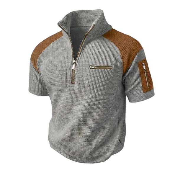 MYAOYI Mens Tops Casual Stand Collar Short Sleeve Polo Shirt Quarter Zip Waffle Knit Workwear Daily Wear Top