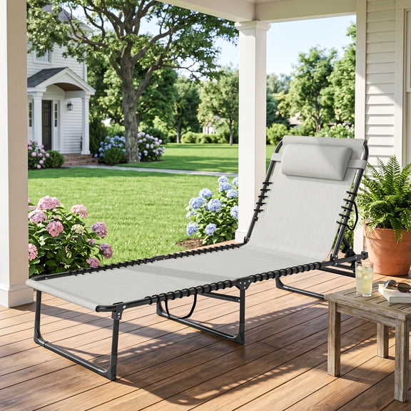 Folding Chaise Lounge Pool Chair with 4-Position Reclining Back, Pillow, Breathable Mesh & Bungee Seat, Cream White