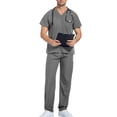 thumbnail image 4 of HAJWOH Gray Scrubs Sets for Men Stretchy Nursing Uniform Short Sleeve V-Neck Scrub & Yoga Jogger Pants Solid Color Scrub Suit with Multi Pockets Gray 2XL, 4 of 4