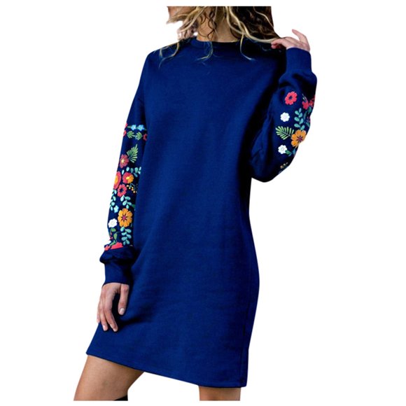 Pisexur Women's Embroidered Midi Fall Dress Casual Fleece Long Pullover Sweatshirt Dress Long Sleeve Mini Sweater Dresses with Pockets