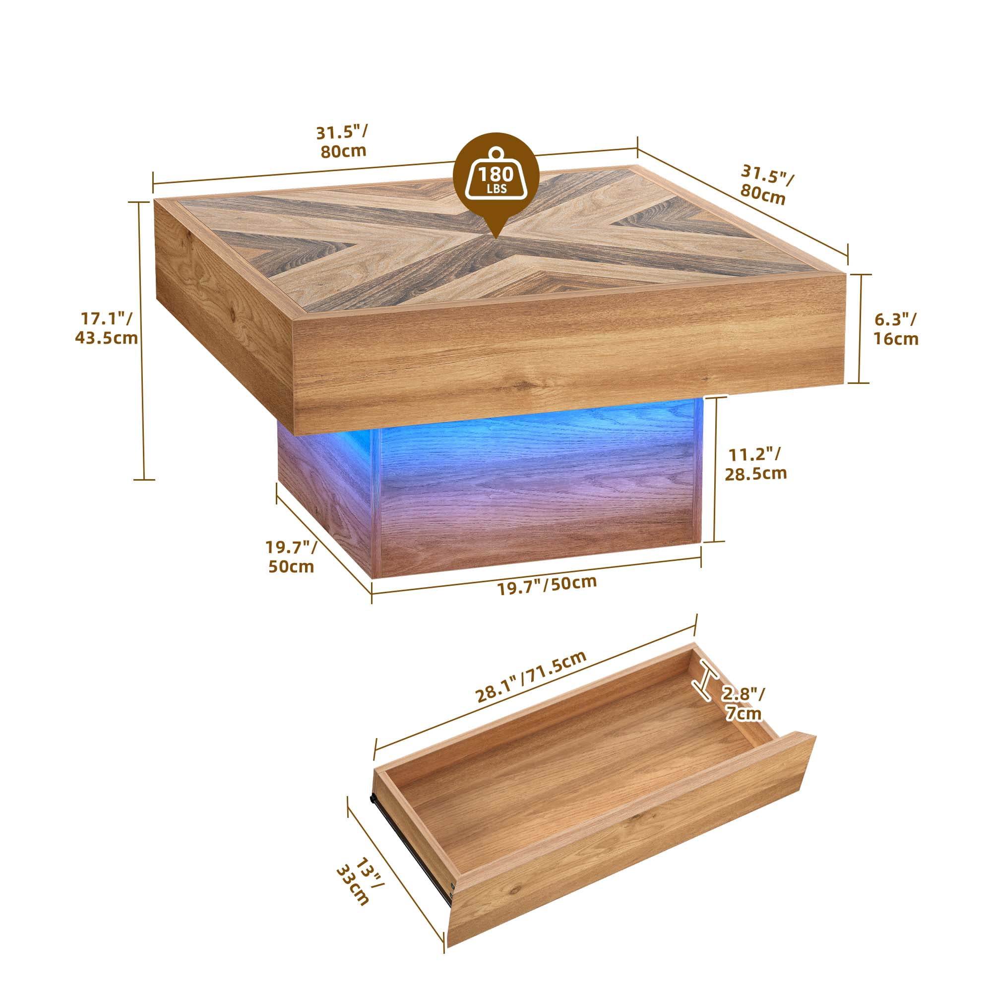 Uforic Square Center Table with Drawers, Coffee Table with LED Lights for Living Room, Brown