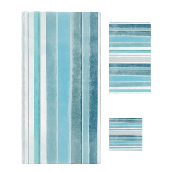 Teal Nordic Style Stripes Towel Set of 3, Soft Microfiber Bath Towels, Hand Towel, Washcloths, Turquoise Texture Quick-Dry Absorbent Towels for Bathroom Kitchen Hotel Beach Gym Spa
