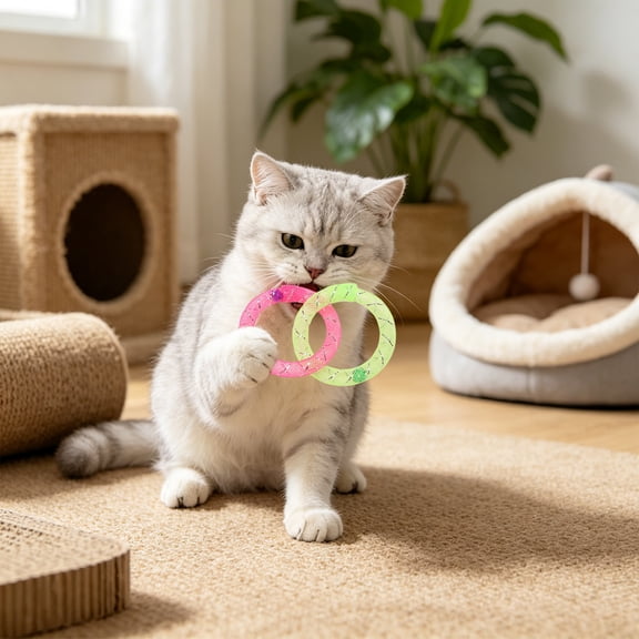 Cififendec Mesh Cat Chew Toy with Bell, 1.97", Elastic Interlocking Ring Teething Accessory for Indoor Kitten Biting Playing, Interactive Pet Plaything Use