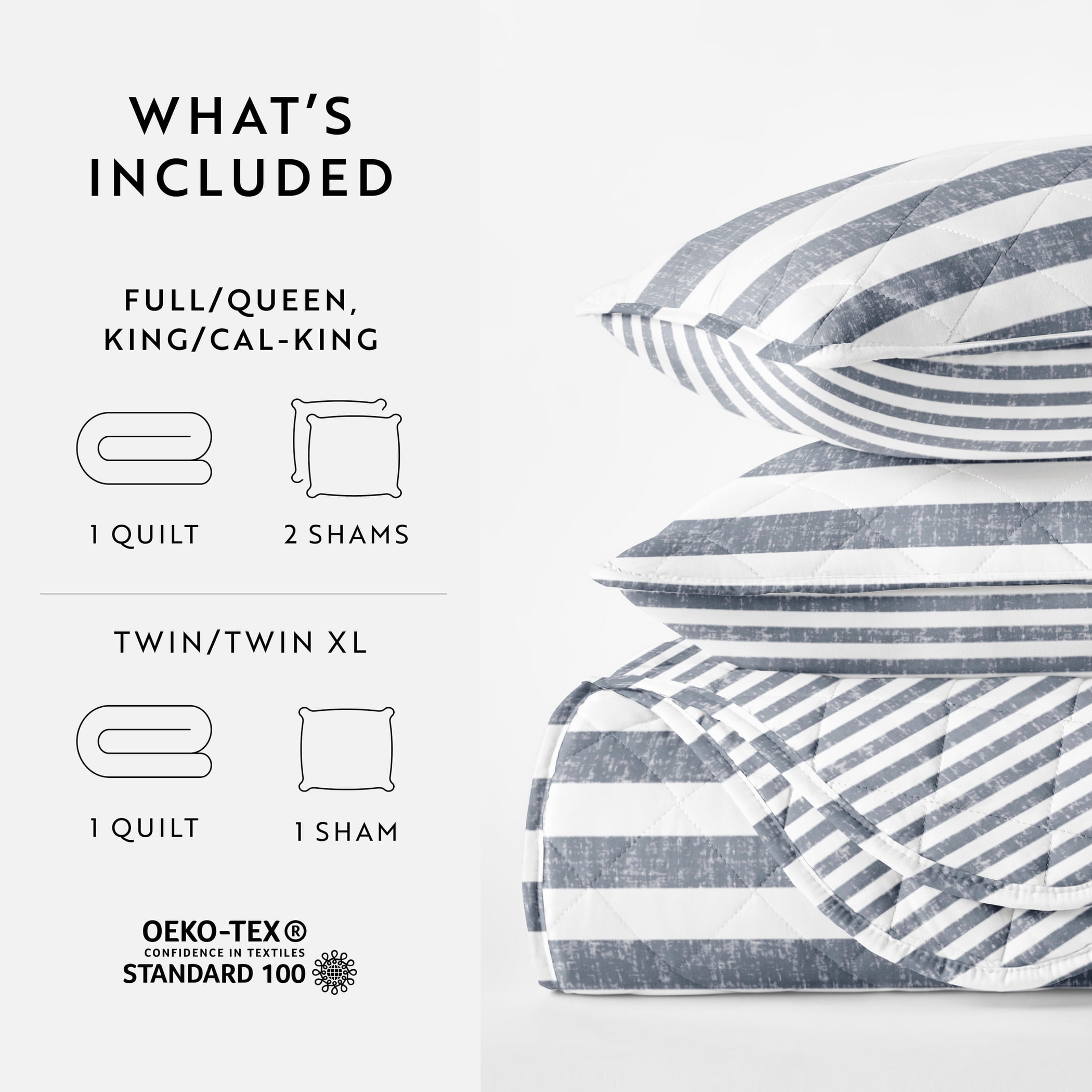 Noble Linens 3-Piece Dusk Blue Classic Stripe Reversible Quilt Set, King