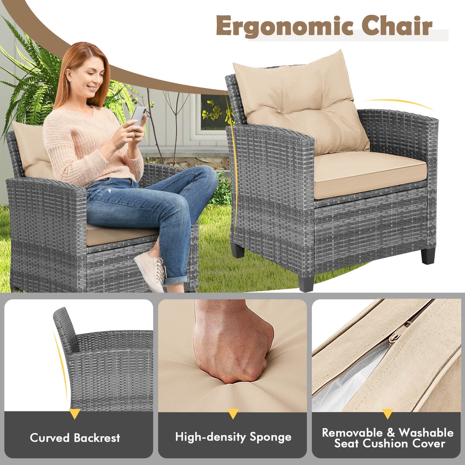 Costway 3PCS Patio Rattan Furniture Bistro Set Cushioned Sofas Side Table Armrest Mix Gray + Brown