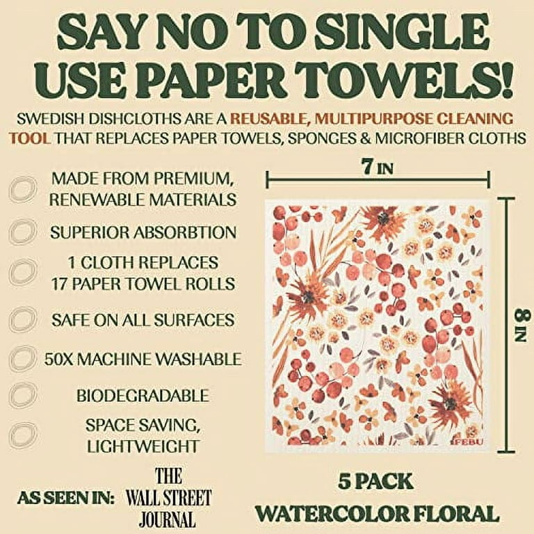 FEBU Swedish Dishcloths for Kitchen | 5 Pack Watercolor Swedish Dish Towels  | Cellulose Sponge Cloths | Non Scratch Reusable Paper Towels | No Odor