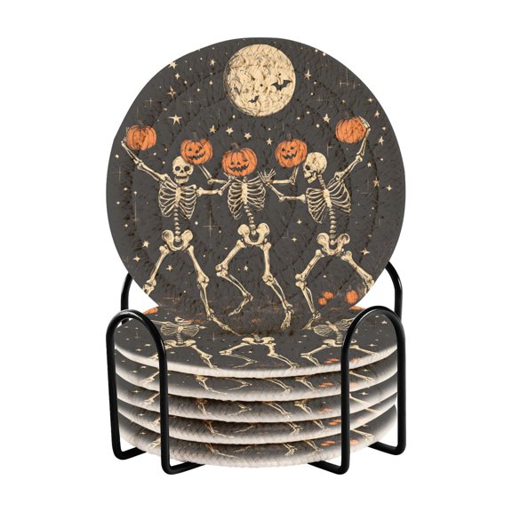 Yayeee 6 PCS Drink Coasters with Holder Set Woven Absorbent Round Tabletop Hot Pad, Black Halloween Dancing Skeleton