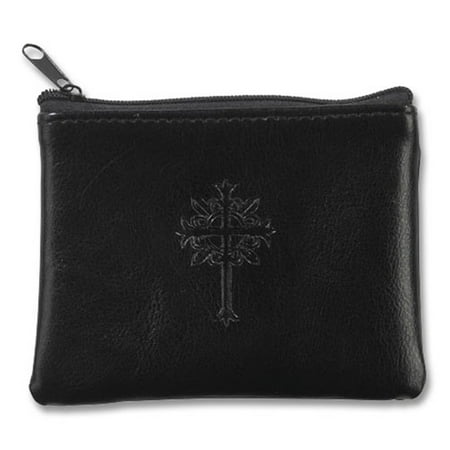 First Rosary Case Fleur De Lis Cross on Genuine Black Leather Rosary Case with Zipper Closure, 4 1/2 Inch ()