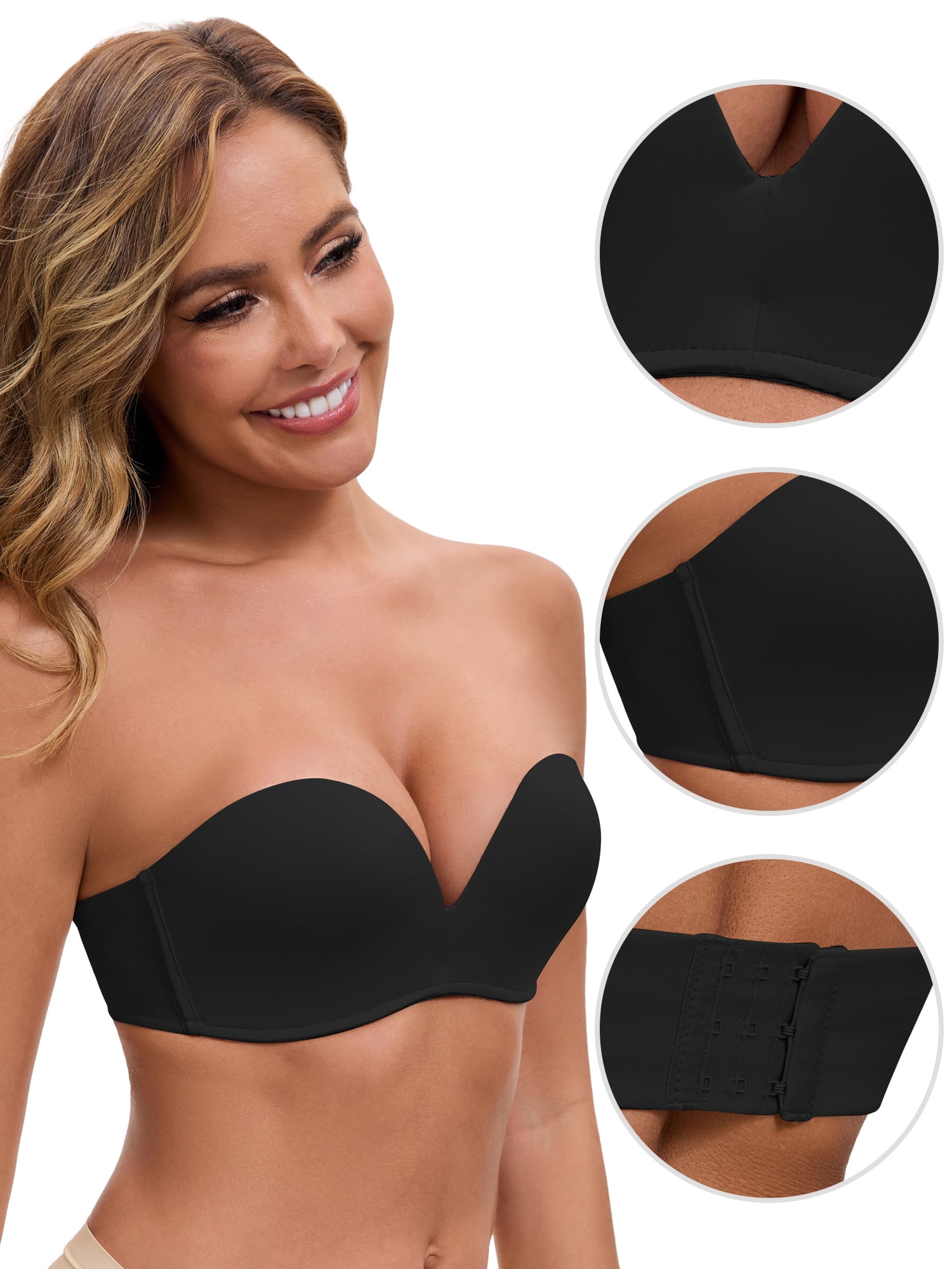 DARING DIVA Women's Deep V Strapless Wireless Demi Bandeau Top Push-Up Bra 34B Black