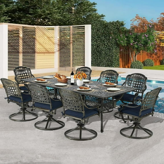 9-Piece Patio Dining Set for 8, All Weather Cast Aluminum Outdoor Funiture Table and Chairs Set - 94.5" Rectangular Table and 8 Cushioned Swivel Rocker Chairs, Umbrella Hole, Navy Blue