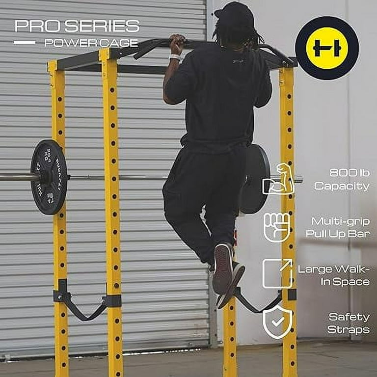 HulkFit Pro Series Multi Functional Adjustable Home Gym Exercise Equipment Power Cage with J Hooks Safety Bars or Safety Straps Yellow