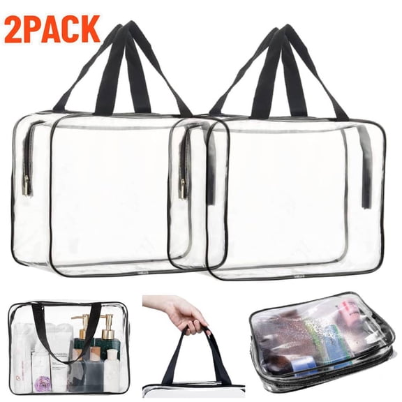 2 PACK Clear Cosmetic Bag Set, Large Clear Makeup Bag with Zipper and Handle, Toiletry Travel Storage Bag, Waterproof Transparent Handbag Purse